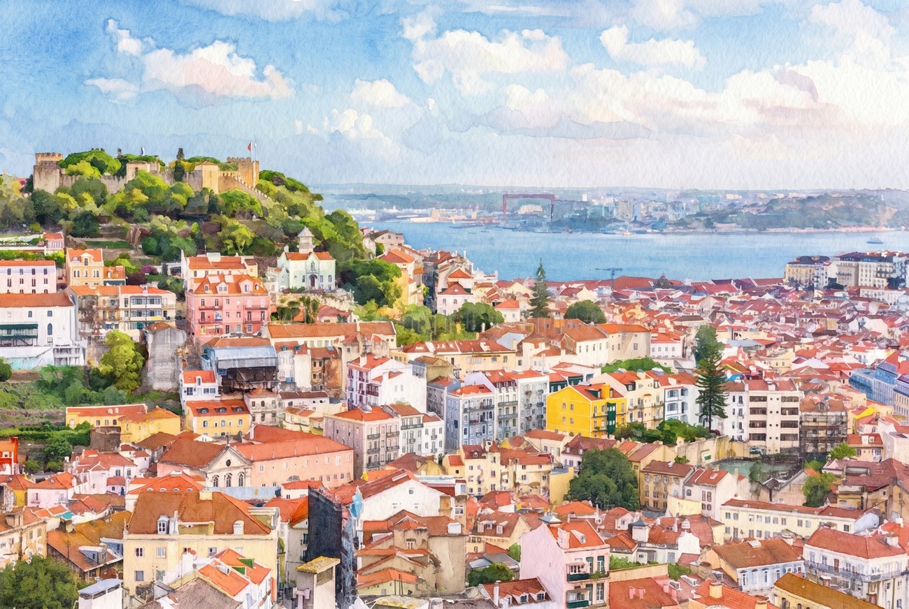 Lisbon tram on a tiled-roof street